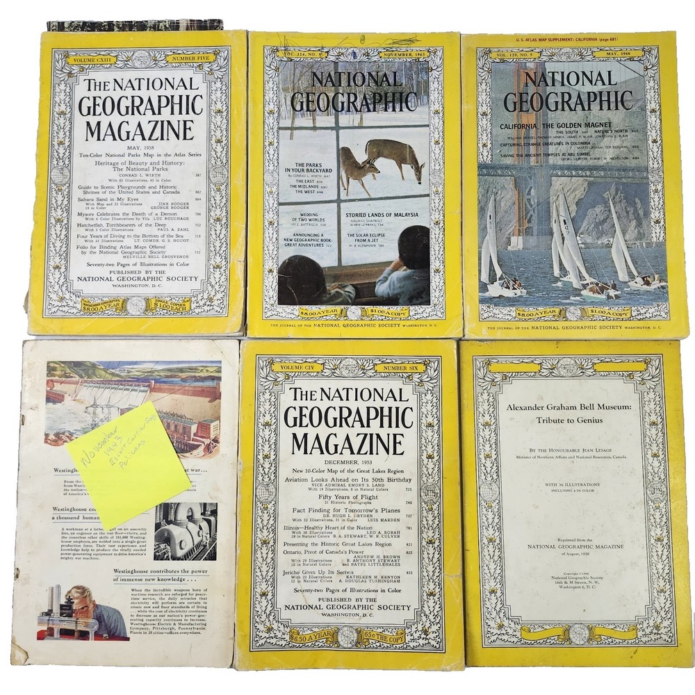 Lot of 5 VTG National Geographic Magazines 1943 1953 1958 1963 1966 Plus Booklet